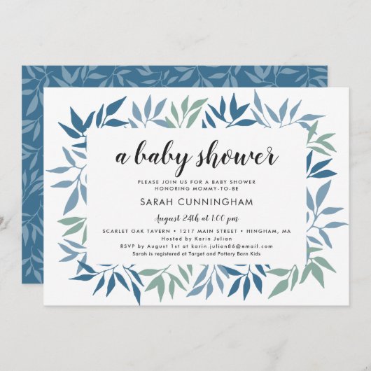 Gerahmt Greeenery Blätter Blue and Green Baby Show Einladung (Vorne/Hinten)