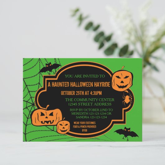 Gerahmt Green/Orange Pumpkin - 3x5 Halloween Einla Einladung (Stehend Vorderseite)