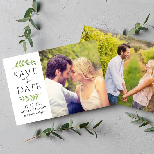 Gerahmt in Greenery Wedding Foto White Save The Date