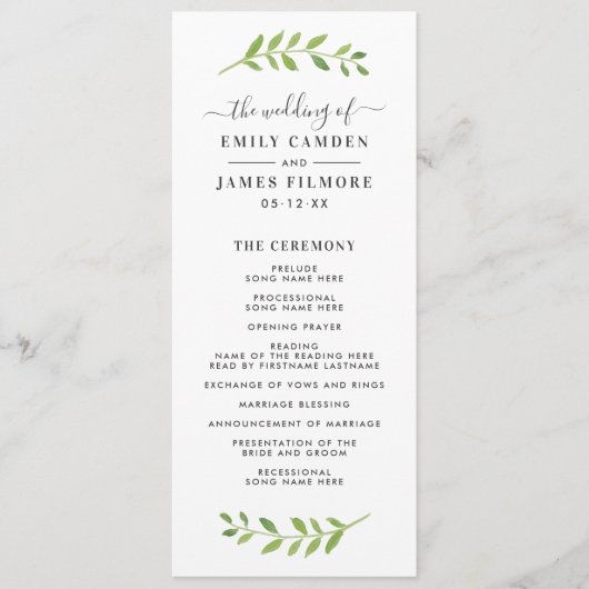 Gerahmt in Watercolor Greenerity Hochzeitsfeier Programm (Vorderseite)