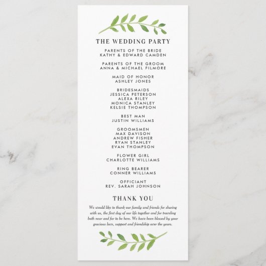 Gerahmt in Watercolor Greenerity Hochzeitsfeier Programm (Rückseite)