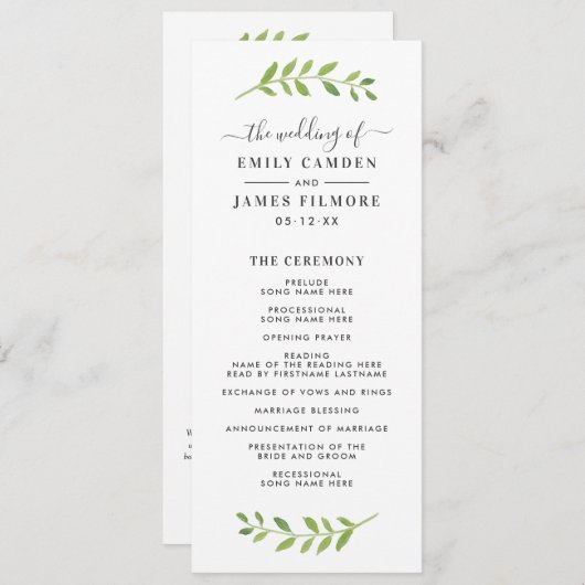 Gerahmt in Watercolor Greenerity Hochzeitsfeier Programm (Vorne/Hinten)