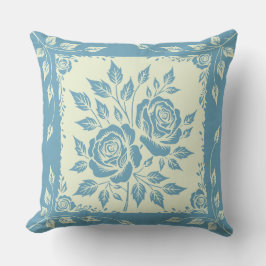 Gerahmt Woodcut Bouquet Blue Kissen