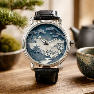 Gerahmte 3D-Chinesische Landschaft Grau Beobachtun Armbanduhr
