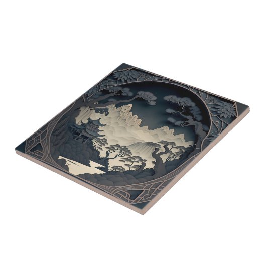 Gerahmte 3D-Chinesische Landschaft Grau Tile Fliese (Seite)