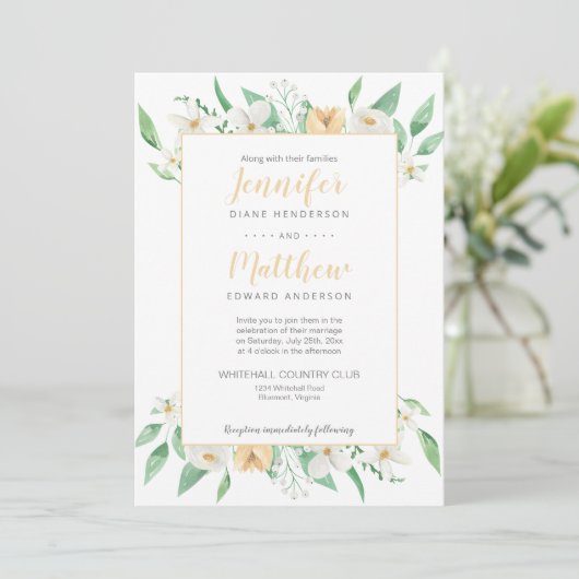 Gerahmte Blumenzehen in Weiß und Gelb Einladung (Stehend Vorderseite)