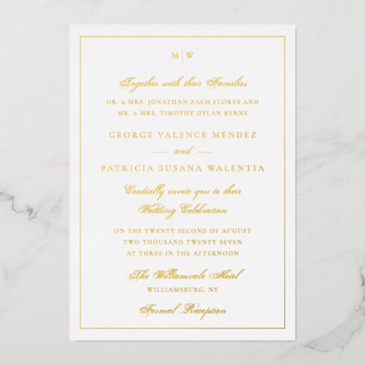 Gerahmte Elegante Monogram Gold Foil Wedding Einla Folieneinladung (Vorderseite)