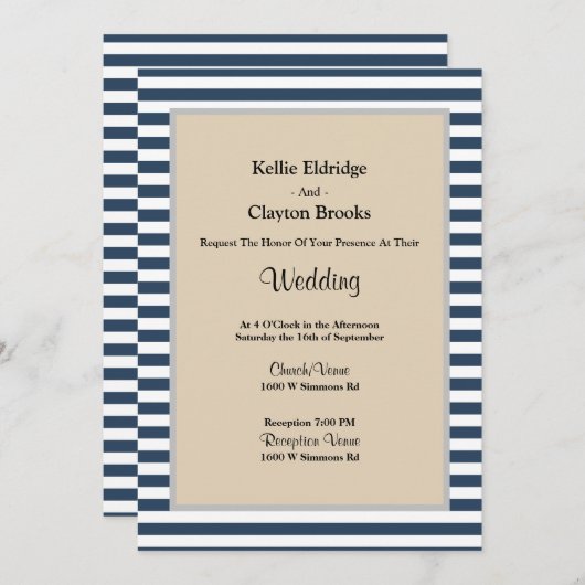 Gerahmte Hochzeit mit klassischen blauen Streifen Einladung (Vorne/Hinten)