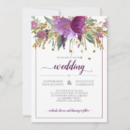 Gerahmte Hochzeit mit lila Amethyst und Goldflora Einladung