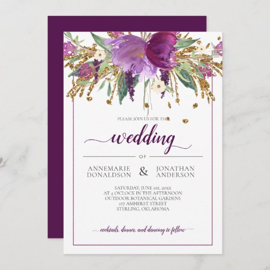Gerahmte Hochzeit mit lila Amethyst und Goldflora Einladung (Vorne/Hinten)