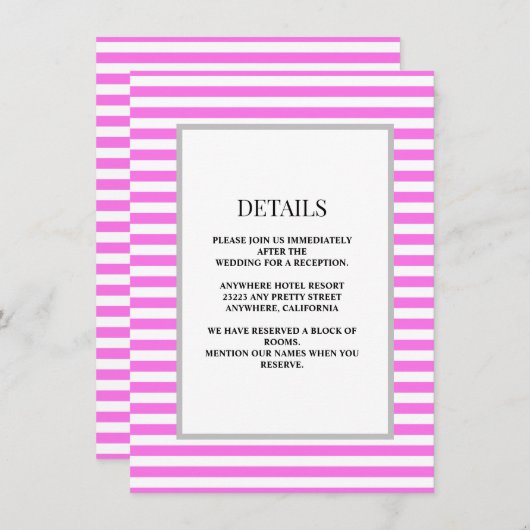 Gerahmte Hochzeitsdetails - Rosa/weiße Streifen Begleitkarte (Vorne/Hinten)