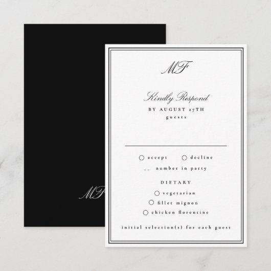 Gerahmte klassische formale Schwarze Krawatte Weiß RSVP Karte (Vorne/Hinten)