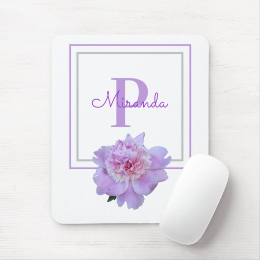 Gerahmte Lila Monogram Pink Peony Blume Mousepad (Mit Mouse)
