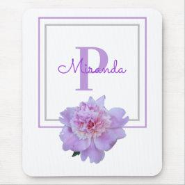 Gerahmte Lila Monogram Pink Peony Blume Mousepad