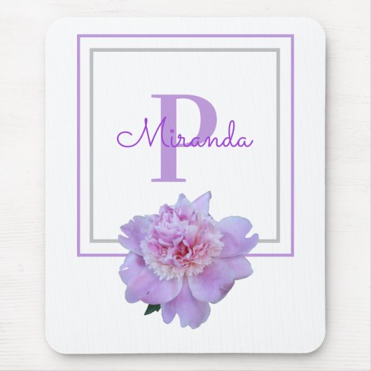 Gerahmte Lila Monogram Pink Peony Blume Mousepad (Vorne)