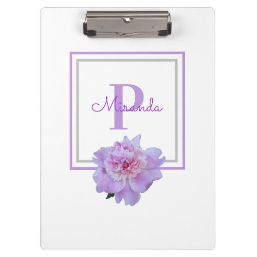 Gerahmte Monogram Pink Peony Blume Lila Klemmbrett (Vorderseite)