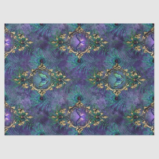 Gerahmte Schmetterlinge und Pfauenfedern-Dekoupage Seidenpapier (Vorderseite)