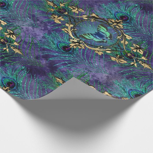 Gerahmte Schmetterlinge und Pfauenfedern Geschenkpapier (Ecke)