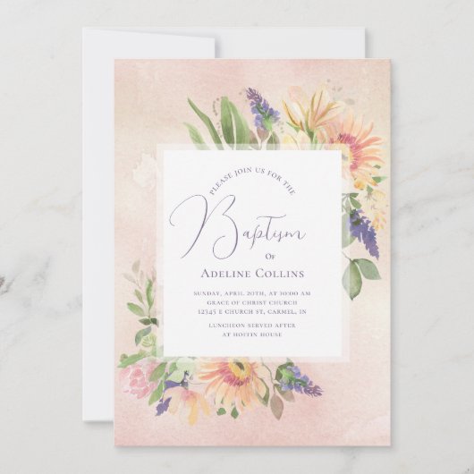 Gerahmte Taufe mit weichem Pfirsich und rosa Einladung (Vorderseite)