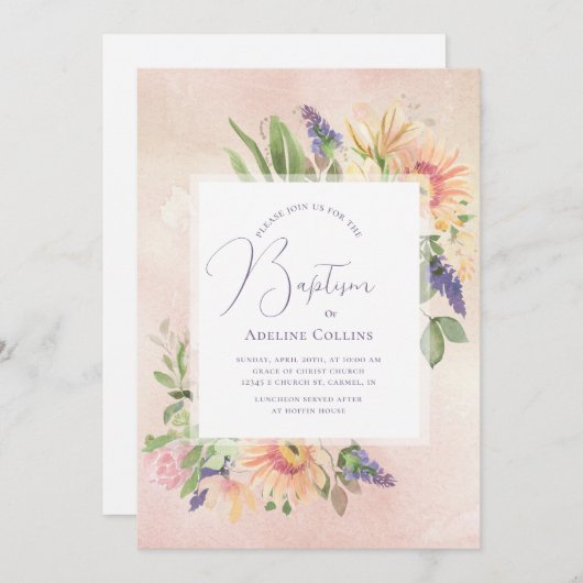 Gerahmte Taufe mit weichem Pfirsich und rosa Einladung (Vorne/Hinten)