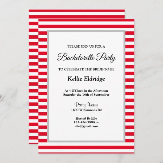 Gerahmter Junggeselinnen-Abschied Rot/Weiß Streife Einladung (Vorne/Hinten)