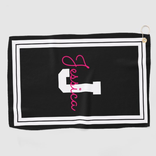 Gerahmter Name und Monogramm | Schwarz-weiß und ro Golfhandtuch (Horizontal)