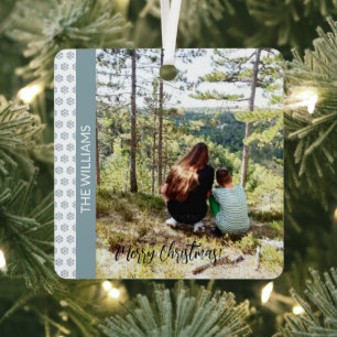 Gerahmtes Foto Weihnachten Schneeflocken Weiß Blau Ornament Aus Metall