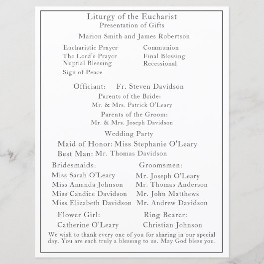 Gerahmtes katholisches Hochzeitsprogramm (Rückseite)