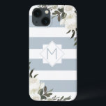 Gerahmtes Monogramm, blau gestreift, blau, blau, b Case-Mate iPhone Hülle<br><div class="desc">Weiße Blütenstaub Gerahmt gestrichen Monogram Design. Trendy und stilvoll, fügen Sie einfach Ihren personalisierten Anfangsbuchstaben hinzu. Macht ein modernes und elegantes Geschenk für sie, Mütter, Großmütter, Tanten, Freundinnen und mehr. Diese feminine Elegant und mädchenhaft aussehende paarweise blaugraue und weiße horizontale Streifen mit Vintagen weißen Rosen, Blume und einem geometrischen Rahmen....</div>