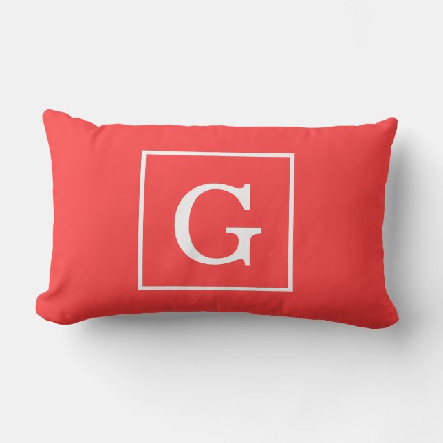 Gerahmtes Monogramm Coral Red White Lendenkissen (Vorderseite)