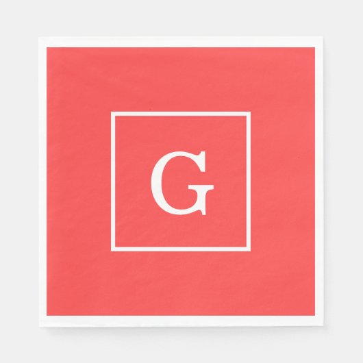 Gerahmtes Monogramm Coral Red White Serviette (Vorderseite)