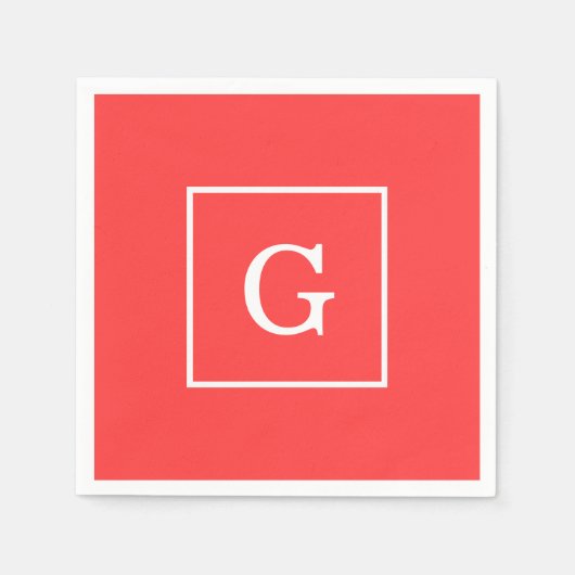 Gerahmtes Monogramm Coral Red White Serviette (Vorderseite)