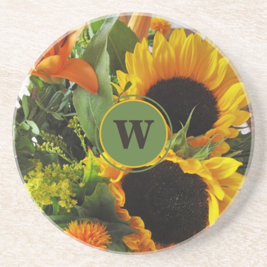 Gerahmtes Monogramm Schöne Sonnenblumen Sandstone Getränkeuntersetzer (Vorne)