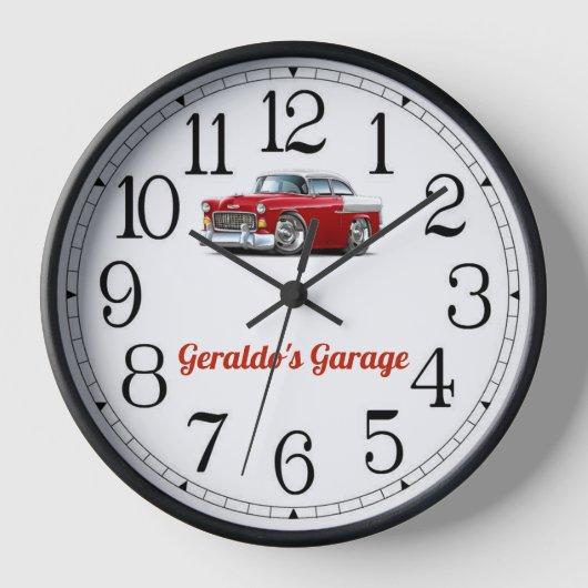 Geraldos Garage Red & White Classic Car Clock Uhr (Vorderseite)
