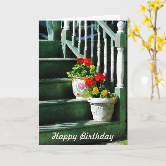 Geranien und Stiefmütterchen auf Stufen - Geburtst Karte (Gelbe Blume)