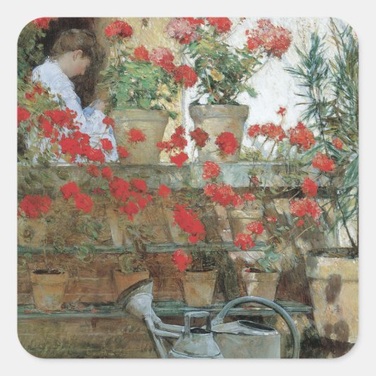 Geranien von Childe Hassam, Vintager Impressionism Quadratischer Aufkleber (Vorderseite)