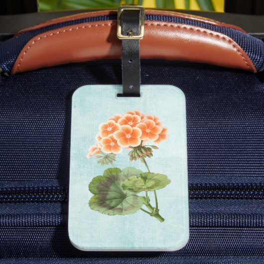 Geranium auf altem Denim Gepäckanhänger (Vorderseite Insitu 2)
