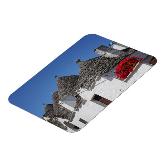 Geranium Blume und Trulli Häuser in Alberobello Magnet (Linke Seite)