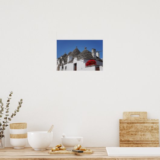 Geranium Blume und Trulli Häuser in Alberobello Poster (Küche)
