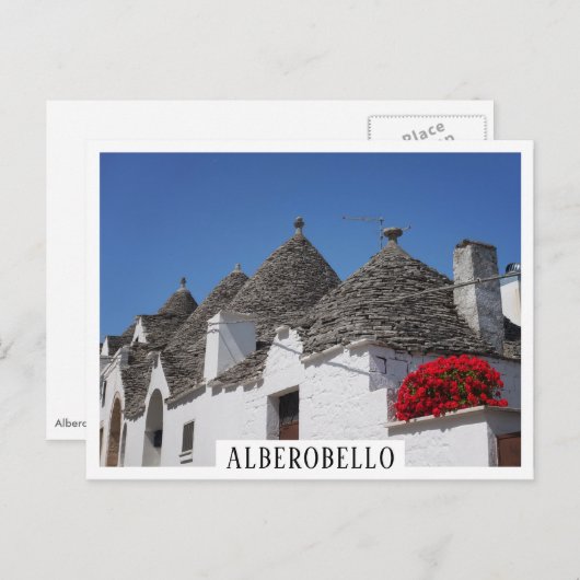 Geranium-Blume und Trulli-Häuser in Alberobello Postkarte (Vorne/Hinten)