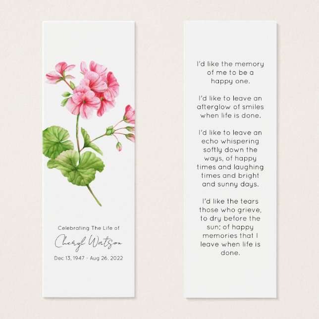 Geranium | Einfache Trauer Gedenkzeichen Mini Lese (Vorne & Hinten)