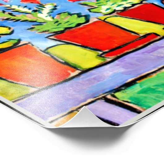 Geraniums Before Blue Mountain, farbenfrohe Malere Fotodruck (Ecke)