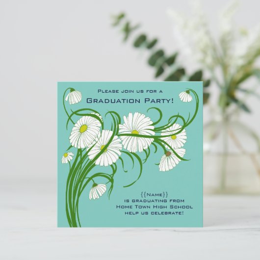 Gerber Daisy Blume w Turquoise Graduation Party Einladung (Stehend Vorderseite)