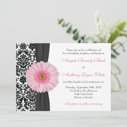 Gerber Daisy Pale Pink Schwarz-weiß Damask Wedding Einladung (Stehend Vorderseite)