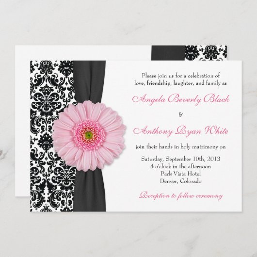 Gerber Daisy Pale Pink Schwarz-weiß Damask Wedding Einladung (Vorne/Hinten)