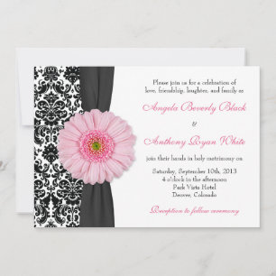 Gerber Daisy Pale Pink Schwarz-weiß Damask Wedding Einladung
