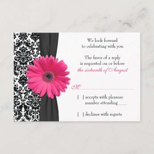 Gerber Daisy Pink Black Damask Wedding UAWG Respon RSVP Karte (Vorderseite)