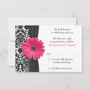 Gerber Daisy Pink Black Damask Wedding UAWG Respon RSVP Karte