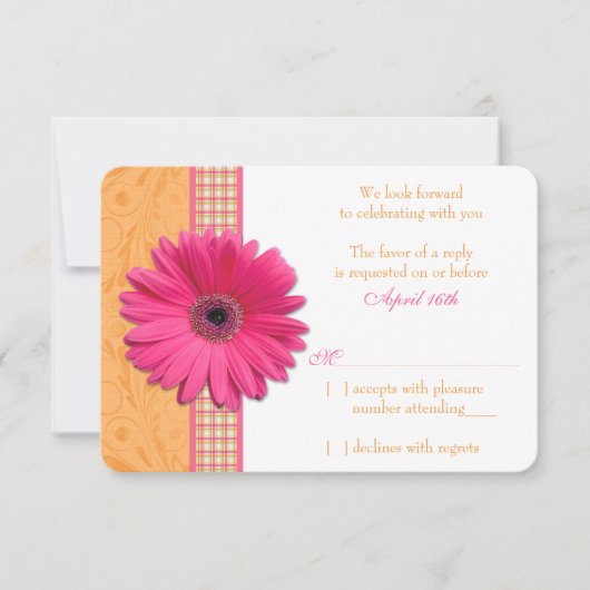 Gerber Daisy Pink Orange Kariert Wedding RSVP Antw Karte (Vorderseite)