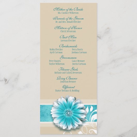 Gerber Daisy Scroll 1 Hochzeitsprogramm aquamarin Programm (Rückseite)